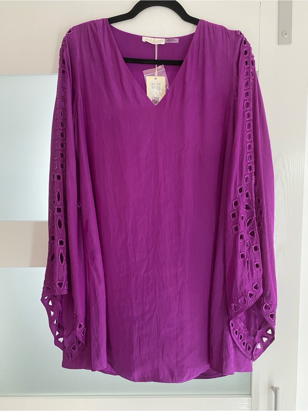 Ramy Brook Magenta Eyelet-Sleeve V-Neck Tunic